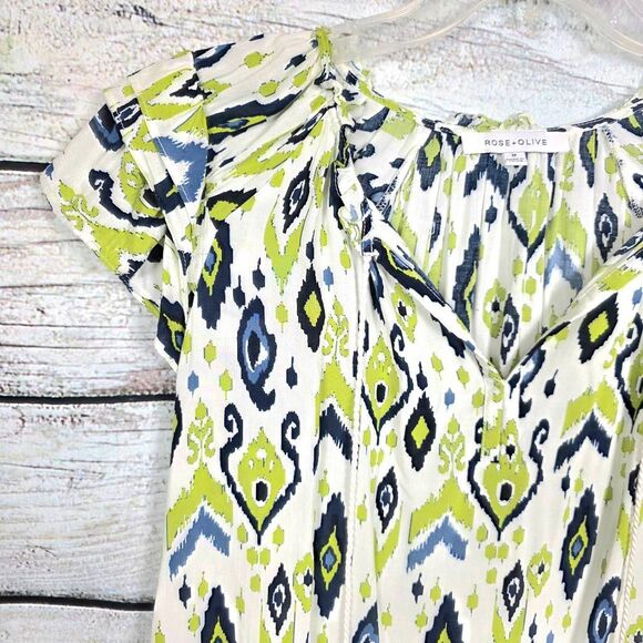 Rose + Olive Ikat Print Tassel Blouse Rayon M - Picture 2 of 8